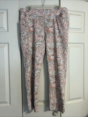 Perfect Chico's Paisley Ankle Pants Cream Coral Tan Floral Pull On Large 14 2.5
